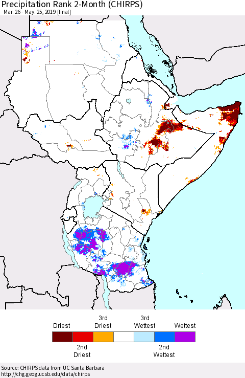 Eastern Africa Precipitation Rank since 1981, 2-Month (CHIRPS) Thematic Map For 3/26/2019 - 5/25/2019