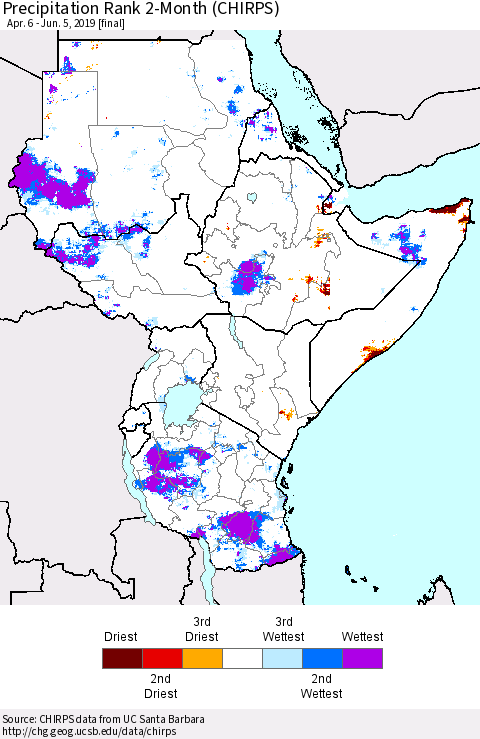 Eastern Africa Precipitation Rank since 1981, 2-Month (CHIRPS) Thematic Map For 4/6/2019 - 6/5/2019