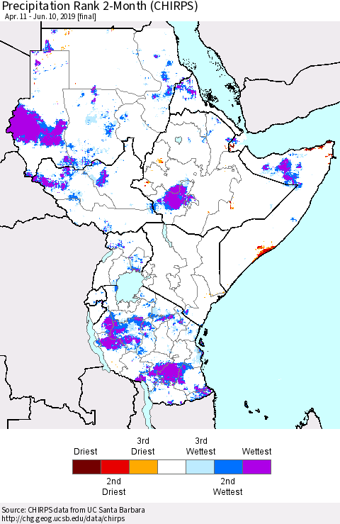 Eastern Africa Precipitation Rank since 1981, 2-Month (CHIRPS) Thematic Map For 4/11/2019 - 6/10/2019