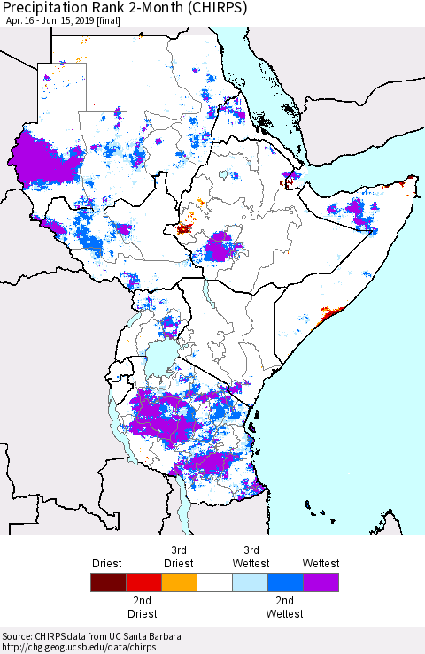 Eastern Africa Precipitation Rank since 1981, 2-Month (CHIRPS) Thematic Map For 4/16/2019 - 6/15/2019