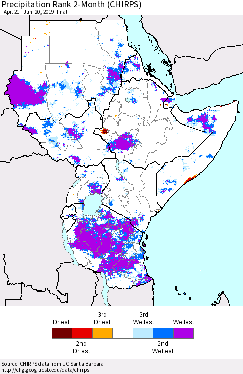Eastern Africa Precipitation Rank since 1981, 2-Month (CHIRPS) Thematic Map For 4/21/2019 - 6/20/2019