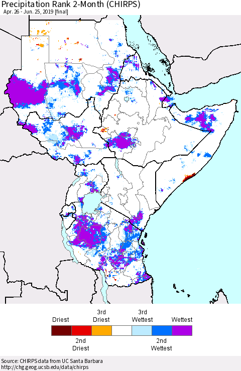 Eastern Africa Precipitation Rank since 1981, 2-Month (CHIRPS) Thematic Map For 4/26/2019 - 6/25/2019