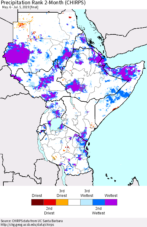 Eastern Africa Precipitation Rank since 1981, 2-Month (CHIRPS) Thematic Map For 5/6/2019 - 7/5/2019