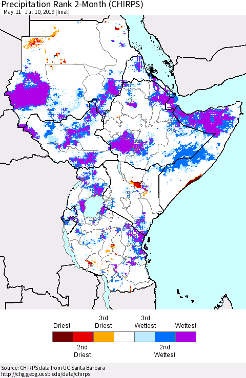 Eastern Africa Precipitation Rank since 1981, 2-Month (CHIRPS) Thematic Map For 5/11/2019 - 7/10/2019