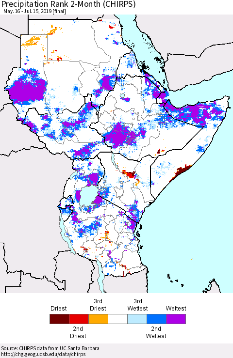 Eastern Africa Precipitation Rank since 1981, 2-Month (CHIRPS) Thematic Map For 5/16/2019 - 7/15/2019