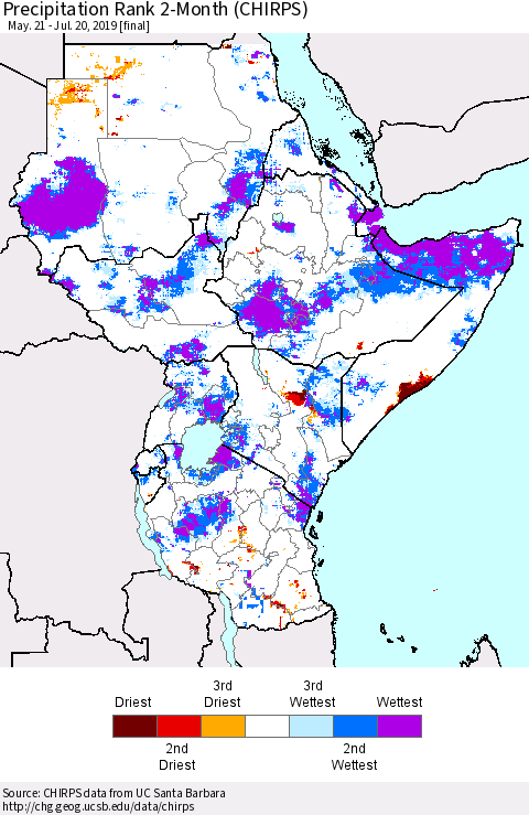 Eastern Africa Precipitation Rank since 1981, 2-Month (CHIRPS) Thematic Map For 5/21/2019 - 7/20/2019