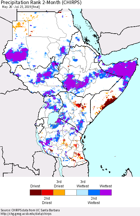 Eastern Africa Precipitation Rank since 1981, 2-Month (CHIRPS) Thematic Map For 5/26/2019 - 7/25/2019