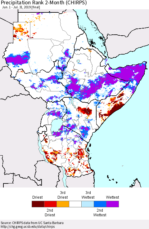 Eastern Africa Precipitation Rank since 1981, 2-Month (CHIRPS) Thematic Map For 6/1/2019 - 7/31/2019