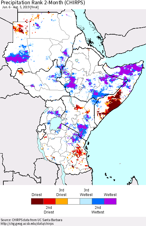 Eastern Africa Precipitation Rank since 1981, 2-Month (CHIRPS) Thematic Map For 6/6/2019 - 8/5/2019
