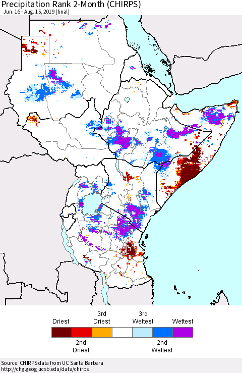 Eastern Africa Precipitation Rank since 1981, 2-Month (CHIRPS) Thematic Map For 6/16/2019 - 8/15/2019