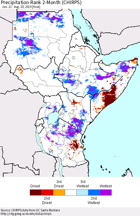 Eastern Africa Precipitation Rank since 1981, 2-Month (CHIRPS) Thematic Map For 6/21/2019 - 8/20/2019