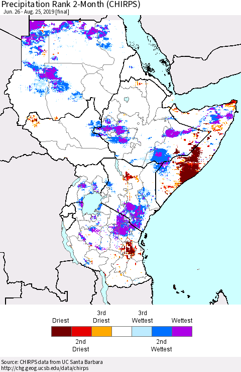 Eastern Africa Precipitation Rank since 1981, 2-Month (CHIRPS) Thematic Map For 6/26/2019 - 8/25/2019