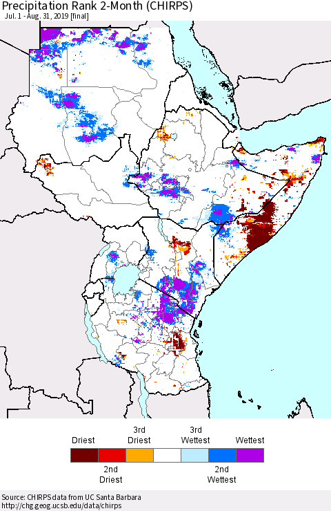Eastern Africa Precipitation Rank since 1981, 2-Month (CHIRPS) Thematic Map For 7/1/2019 - 8/31/2019