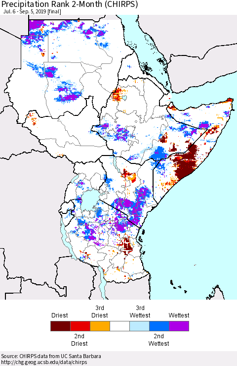 Eastern Africa Precipitation Rank since 1981, 2-Month (CHIRPS) Thematic Map For 7/6/2019 - 9/5/2019