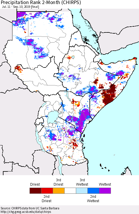 Eastern Africa Precipitation Rank since 1981, 2-Month (CHIRPS) Thematic Map For 7/11/2019 - 9/10/2019