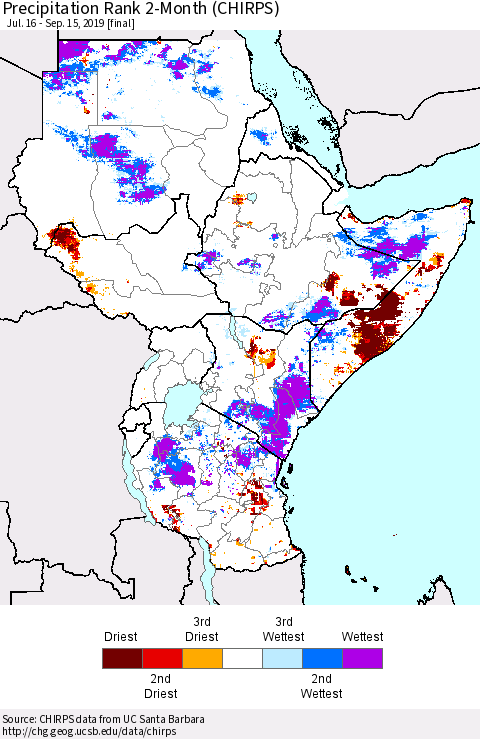 Eastern Africa Precipitation Rank since 1981, 2-Month (CHIRPS) Thematic Map For 7/16/2019 - 9/15/2019
