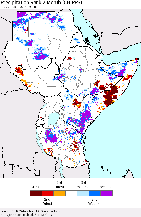 Eastern Africa Precipitation Rank since 1981, 2-Month (CHIRPS) Thematic Map For 7/21/2019 - 9/20/2019