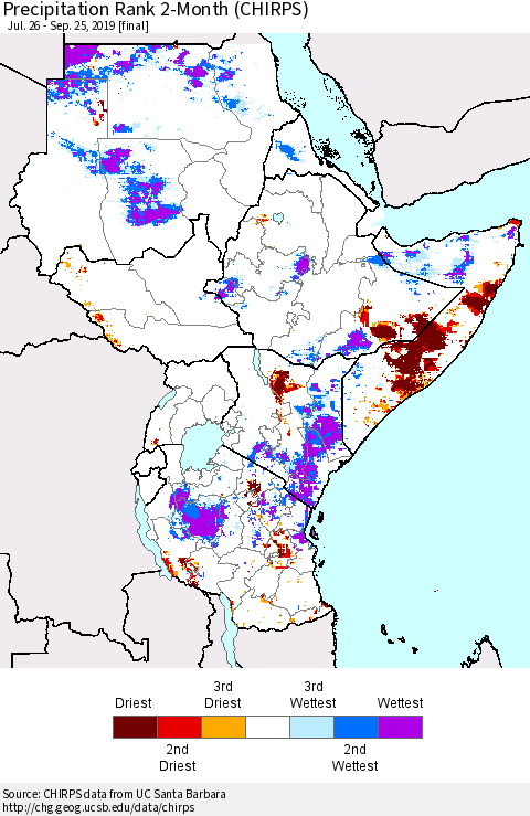 Eastern Africa Precipitation Rank since 1981, 2-Month (CHIRPS) Thematic Map For 7/26/2019 - 9/25/2019