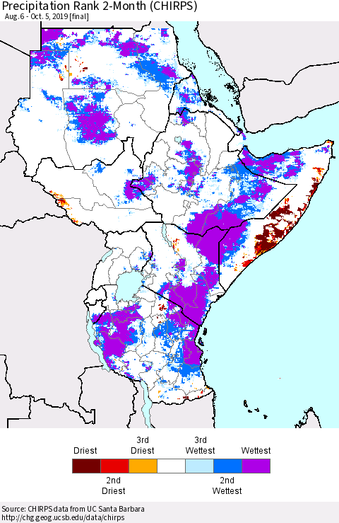 Eastern Africa Precipitation Rank since 1981, 2-Month (CHIRPS) Thematic Map For 8/6/2019 - 10/5/2019