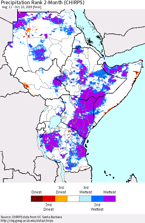 Eastern Africa Precipitation Rank since 1981, 2-Month (CHIRPS) Thematic Map For 8/11/2019 - 10/10/2019