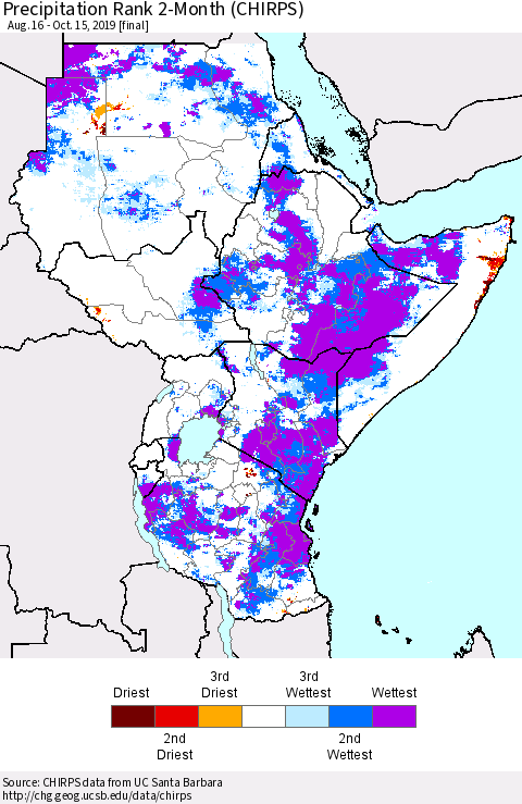Eastern Africa Precipitation Rank since 1981, 2-Month (CHIRPS) Thematic Map For 8/16/2019 - 10/15/2019