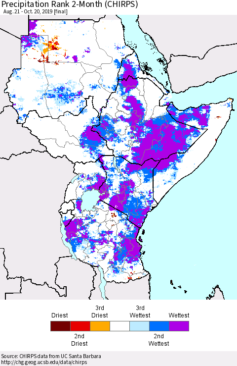 Eastern Africa Precipitation Rank since 1981, 2-Month (CHIRPS) Thematic Map For 8/21/2019 - 10/20/2019