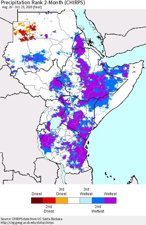 Eastern Africa Precipitation Rank since 1981, 2-Month (CHIRPS) Thematic Map For 8/26/2019 - 10/25/2019