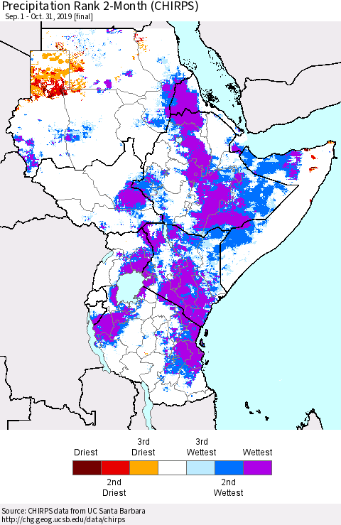 Eastern Africa Precipitation Rank since 1981, 2-Month (CHIRPS) Thematic Map For 9/1/2019 - 10/31/2019