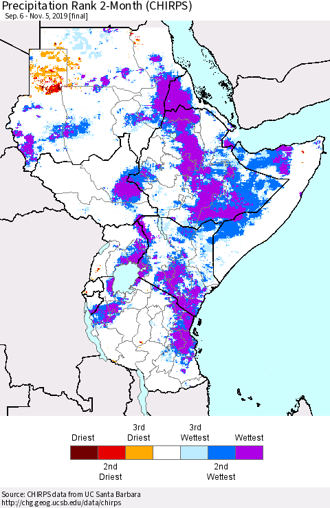 Eastern Africa Precipitation Rank since 1981, 2-Month (CHIRPS) Thematic Map For 9/6/2019 - 11/5/2019