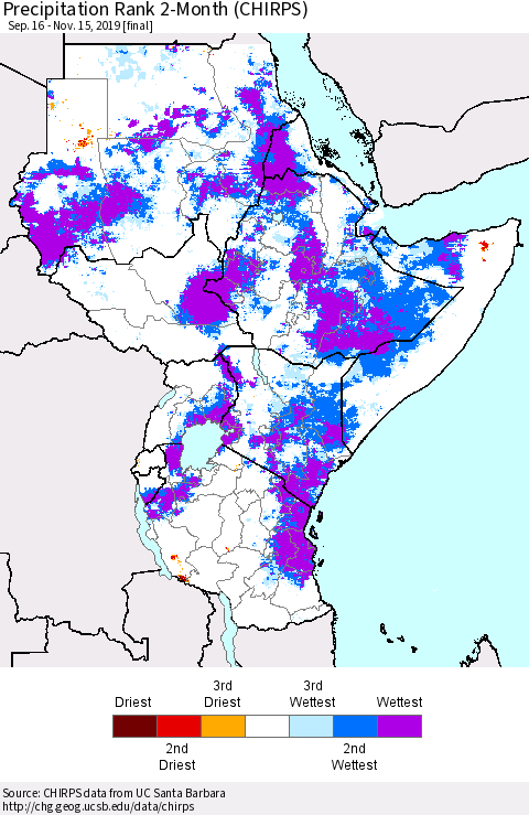 Eastern Africa Precipitation Rank since 1981, 2-Month (CHIRPS) Thematic Map For 9/16/2019 - 11/15/2019