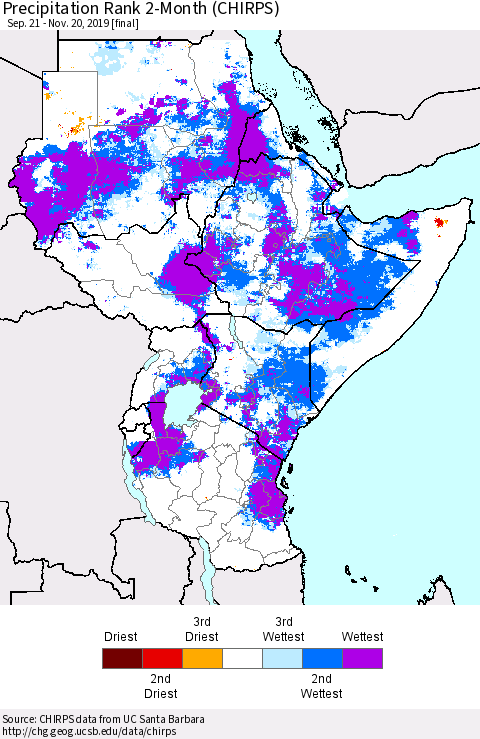 Eastern Africa Precipitation Rank since 1981, 2-Month (CHIRPS) Thematic Map For 9/21/2019 - 11/20/2019