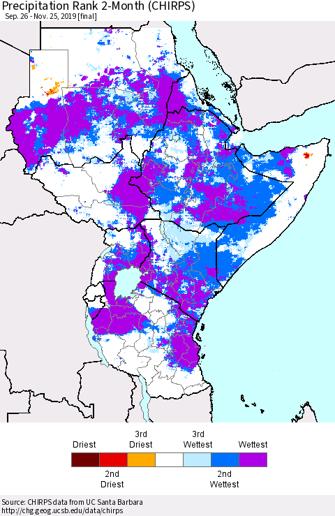 Eastern Africa Precipitation Rank since 1981, 2-Month (CHIRPS) Thematic Map For 9/26/2019 - 11/25/2019