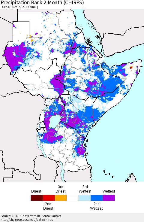 Eastern Africa Precipitation Rank 2-Month (CHIRPS) Thematic Map For 10/6/2019 - 12/5/2019