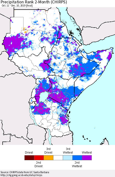 Eastern Africa Precipitation Rank 2-Month (CHIRPS) Thematic Map For 10/11/2019 - 12/10/2019
