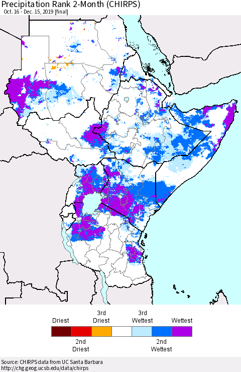 Eastern Africa Precipitation Rank since 1981, 2-Month (CHIRPS) Thematic Map For 10/16/2019 - 12/15/2019