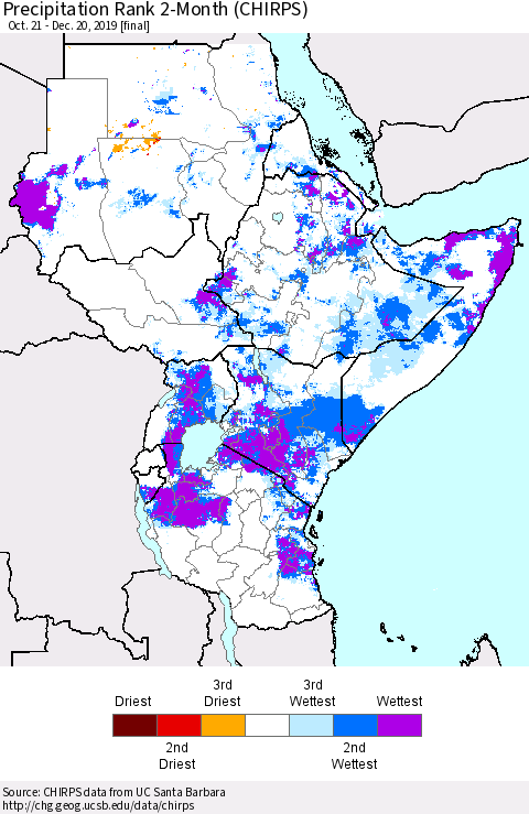 Eastern Africa Precipitation Rank 2-Month (CHIRPS) Thematic Map For 10/21/2019 - 12/20/2019