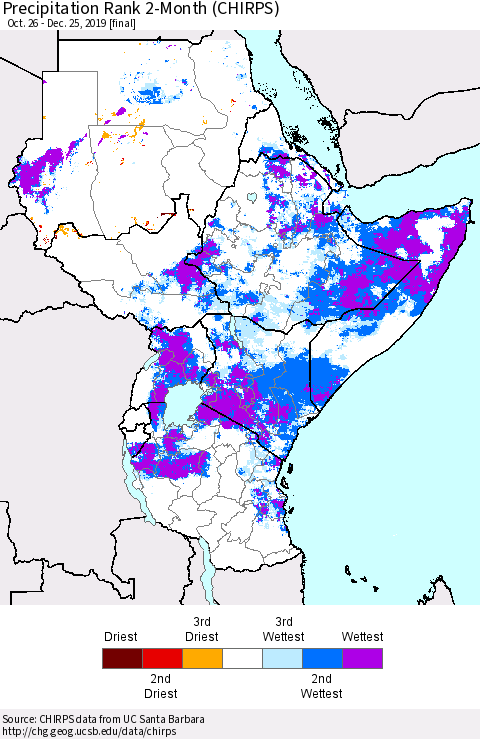 Eastern Africa Precipitation Rank 2-Month (CHIRPS) Thematic Map For 10/26/2019 - 12/25/2019