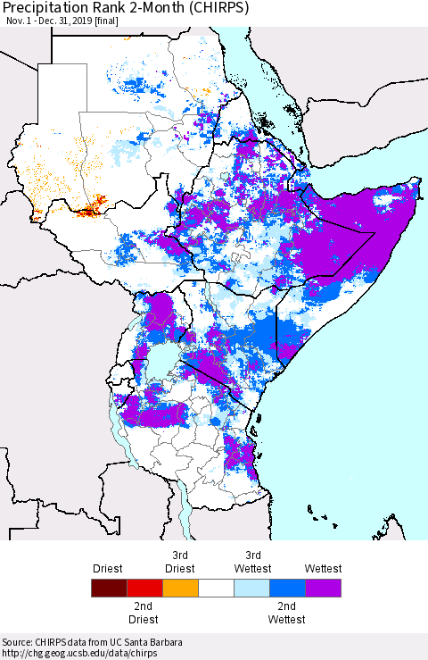 Eastern Africa Precipitation Rank 2-Month (CHIRPS) Thematic Map For 11/1/2019 - 12/31/2019