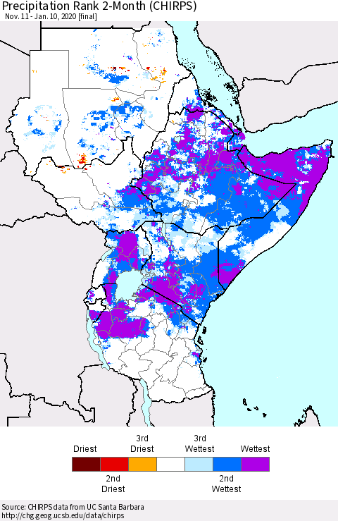 Eastern Africa Precipitation Rank 2-Month (CHIRPS) Thematic Map For 11/11/2019 - 1/10/2020