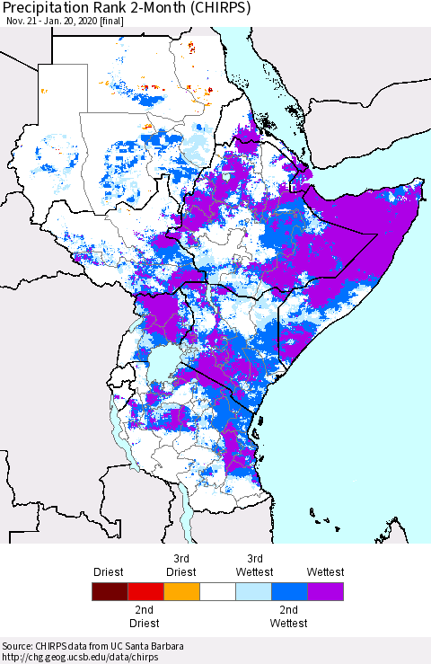 Eastern Africa Precipitation Rank since 1981, 2-Month (CHIRPS) Thematic Map For 11/21/2019 - 1/20/2020
