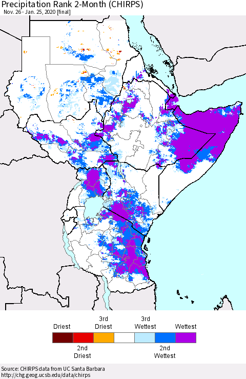 Eastern Africa Precipitation Rank 2-Month (CHIRPS) Thematic Map For 11/26/2019 - 1/25/2020