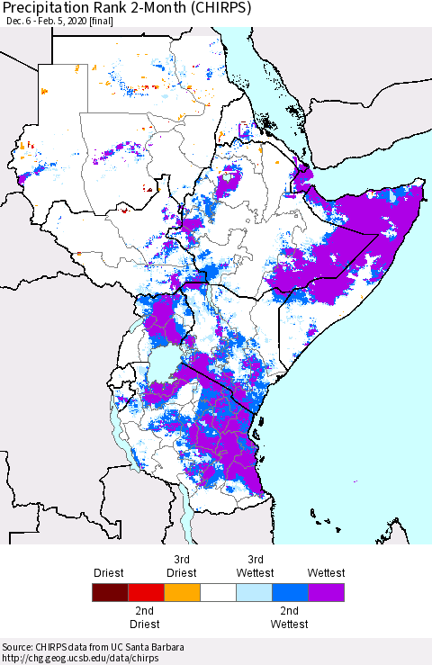 Eastern Africa Precipitation Rank 2-Month (CHIRPS) Thematic Map For 12/6/2019 - 2/5/2020