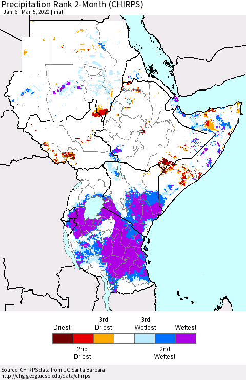 Eastern Africa Precipitation Rank since 1981, 2-Month (CHIRPS) Thematic Map For 1/6/2020 - 3/5/2020