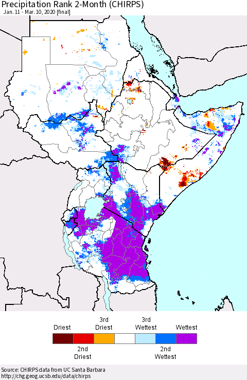 Eastern Africa Precipitation Rank 2-Month (CHIRPS) Thematic Map For 1/11/2020 - 3/10/2020