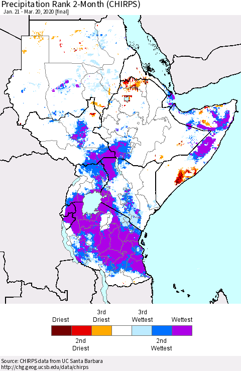 Eastern Africa Precipitation Rank 2-Month (CHIRPS) Thematic Map For 1/21/2020 - 3/20/2020