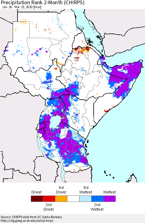 Eastern Africa Precipitation Rank 2-Month (CHIRPS) Thematic Map For 1/26/2020 - 3/25/2020