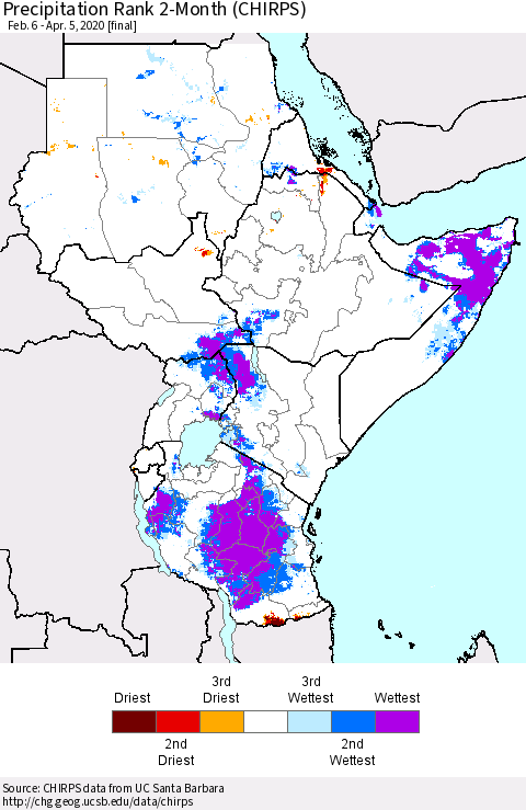 Eastern Africa Precipitation Rank 2-Month (CHIRPS) Thematic Map For 2/6/2020 - 4/5/2020