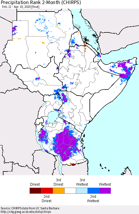 Eastern Africa Precipitation Rank 2-Month (CHIRPS) Thematic Map For 2/11/2020 - 4/10/2020
