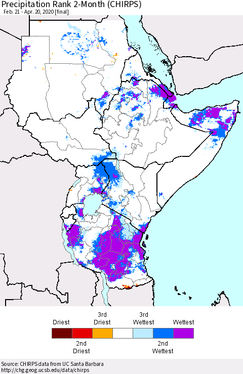 Eastern Africa Precipitation Rank since 1981, 2-Month (CHIRPS) Thematic Map For 2/21/2020 - 4/20/2020