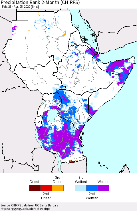Eastern Africa Precipitation Rank 2-Month (CHIRPS) Thematic Map For 2/26/2020 - 4/25/2020